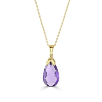 9ct yellow gold Briolette cut amethyst pendant and chain