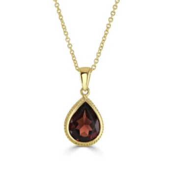 9ct yellow gold pear shaped garnet pendant and chain