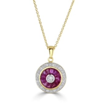 9ct yellow gold circular diamond and tapered baguette ruby pendant and chain