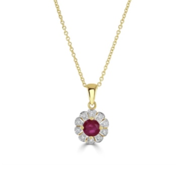 9ct yellow gold ruby and diamond traditional cluster pendant and chain