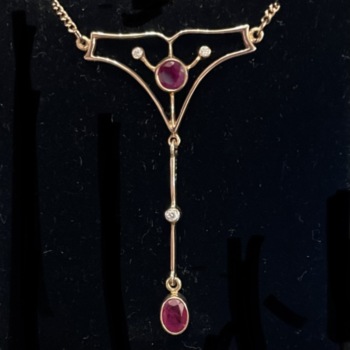 14ct rose gold ruby and diamond drop pendant and chain 