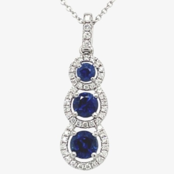 18ct white gold sapphire and diamond triple cluster pendant and chain. total diamond weight .18ct