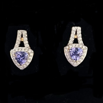 18ct gold trilogy cut tanzanite and diamond earrings
