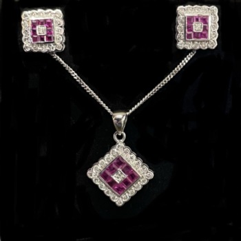 18ct white gold ruby and diamond square cluster pendant and chain £695.00 and matching earrings £795.00 