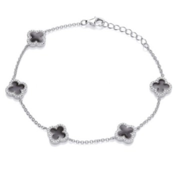 Silver black enamelled clover bracelet