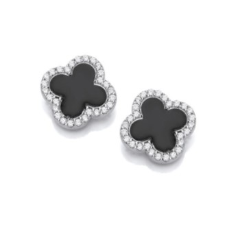 Silver black enamelled clover stud earrings