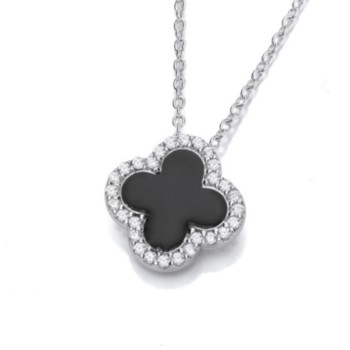 Silver and black enamel clover necklace