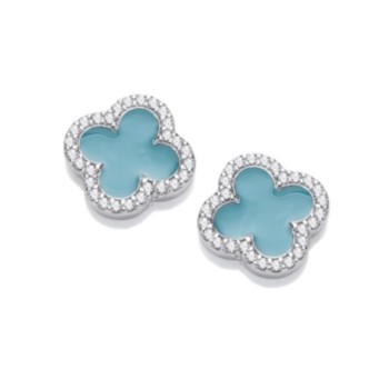 Silver blue enamelled clover stud earrings