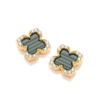 Silver gold plated green malachite clover stud earrings