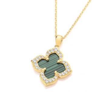 Silver gold plated green malachite clover necklace