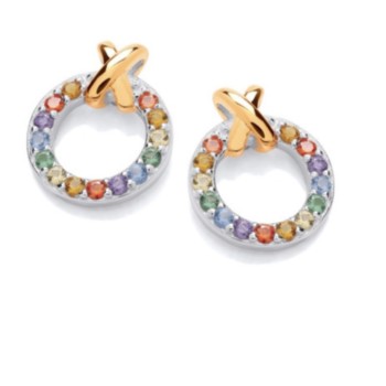 Silver and gold plated rainbow cubic zirconia kiss earrings