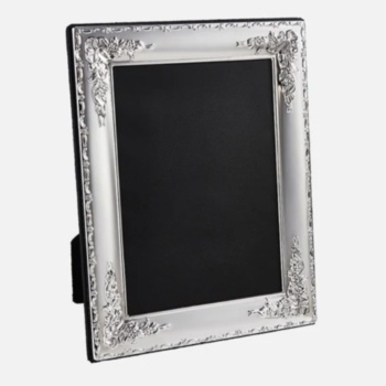Sterling Silver traditional floral corners photo frame with grey velvet back